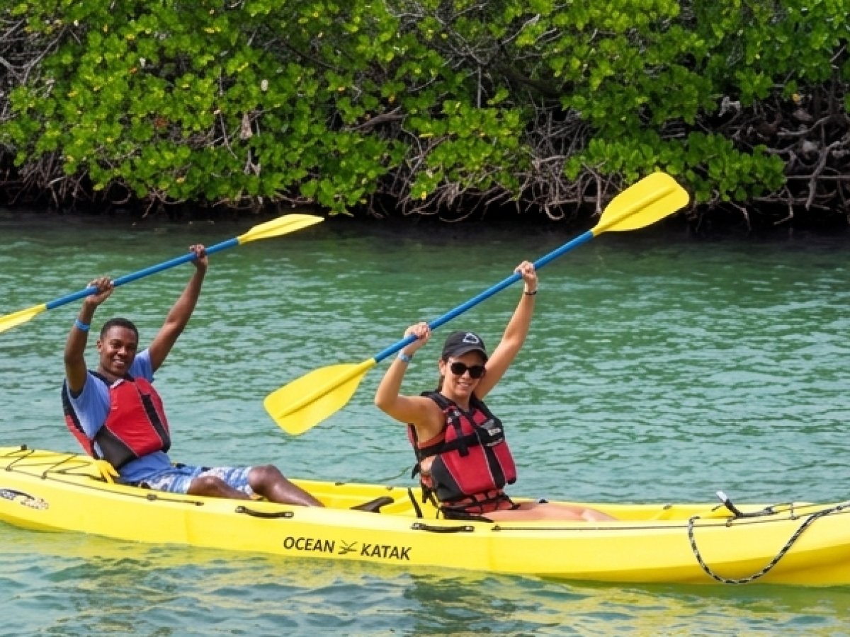 Two people kayaking on green water with trees in background.