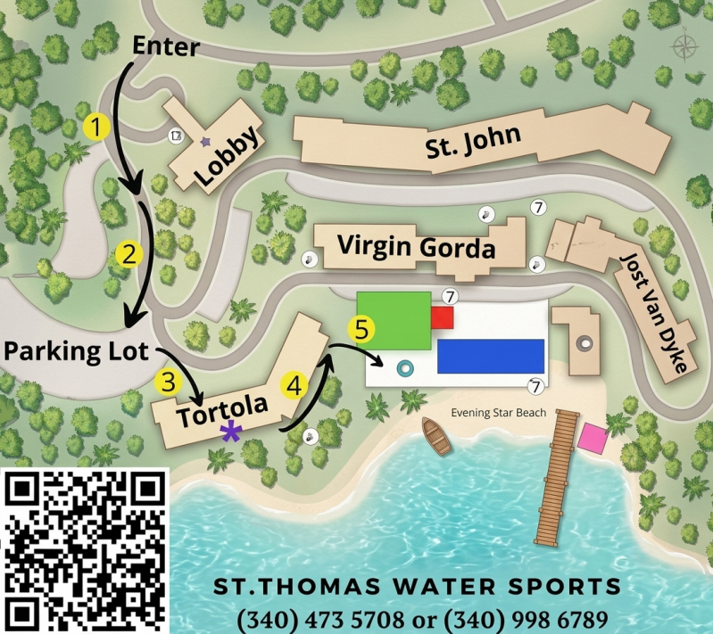 Resort map showing paths to lobby and beach area with labeled buildings and parking lot.