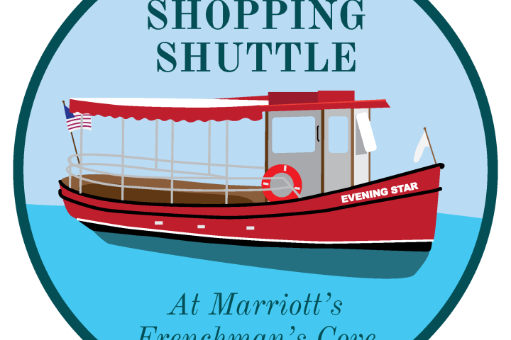 Illustration of a red boat named Evening Star on water, labeled 'The Shopping Shuttle'.