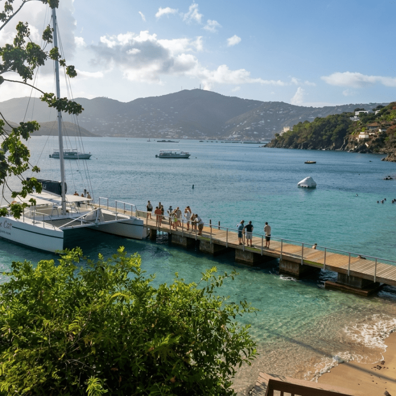 People on a pier with boats and a scenic bay view under a blue sky.