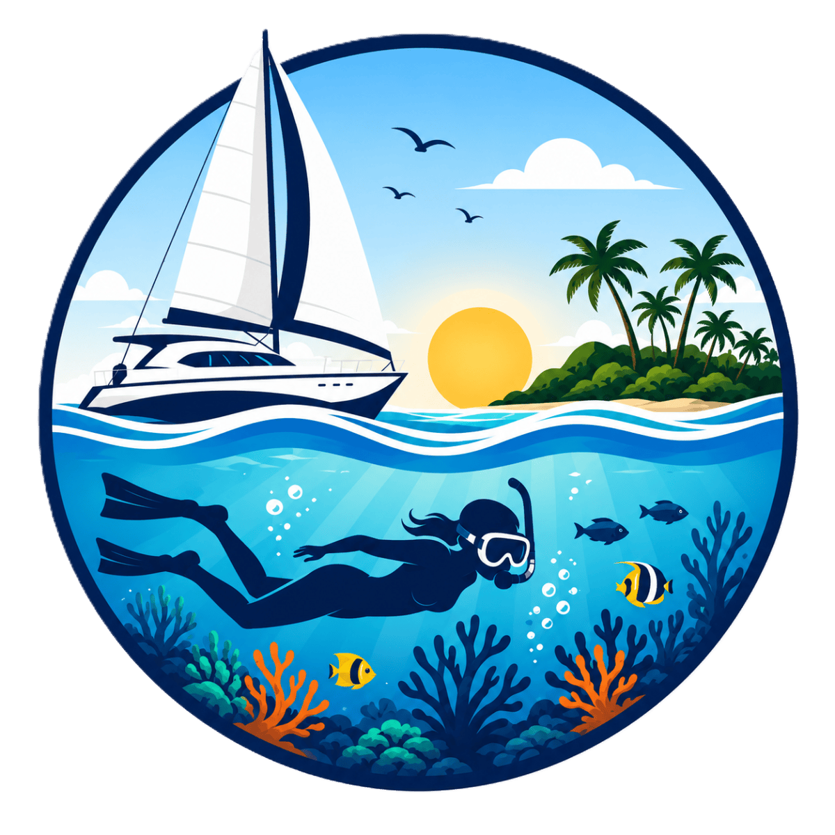 Snorkeler and yacht with island backdrop in a circular frame.
