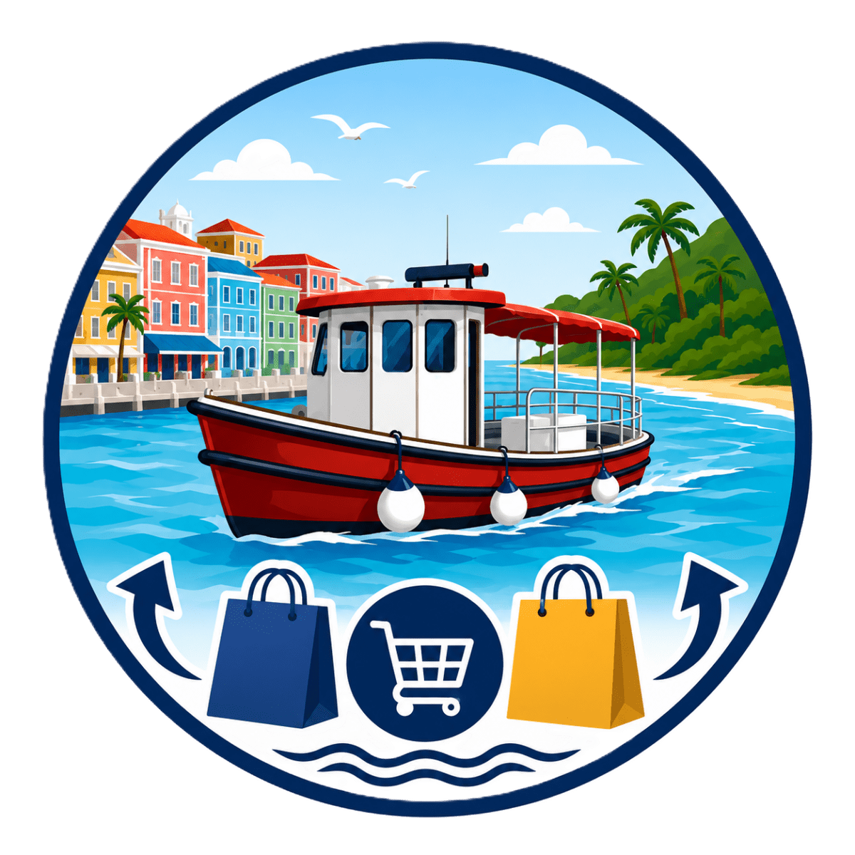 Red boat on water with colorful buildings and shopping icons below in a circular frame.