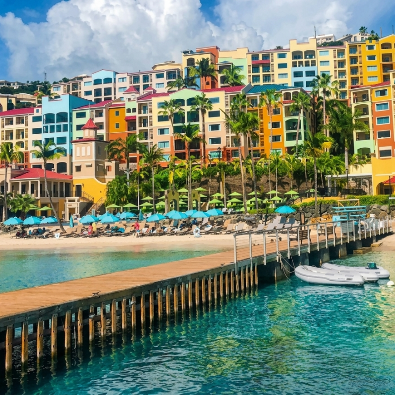 Colorful buildings on a hillside by the beach with a wooden pier.
