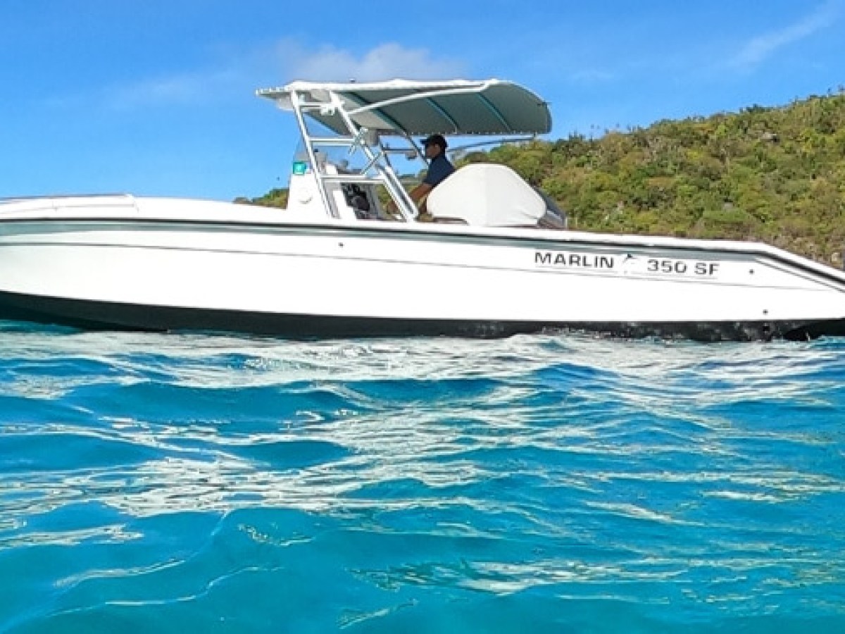 A white motorboat on blue water near a green hill under a clear sky.