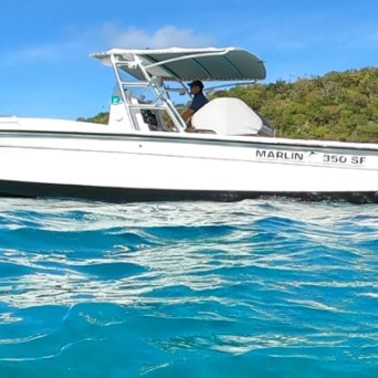 A white motorboat on blue water near a green hill under a clear sky.