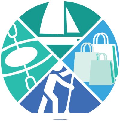 Geometric design with sailboat, shopping bags, paddleboarding, and oars.