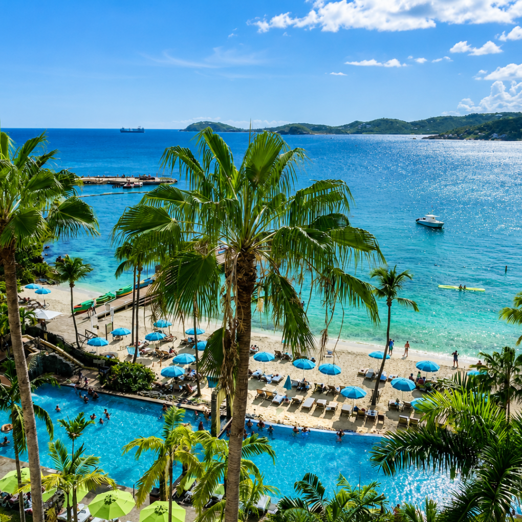 Tropical beach with palm trees, a pool, umbrellas, and boats on a clear blue sea under a sunny sky.