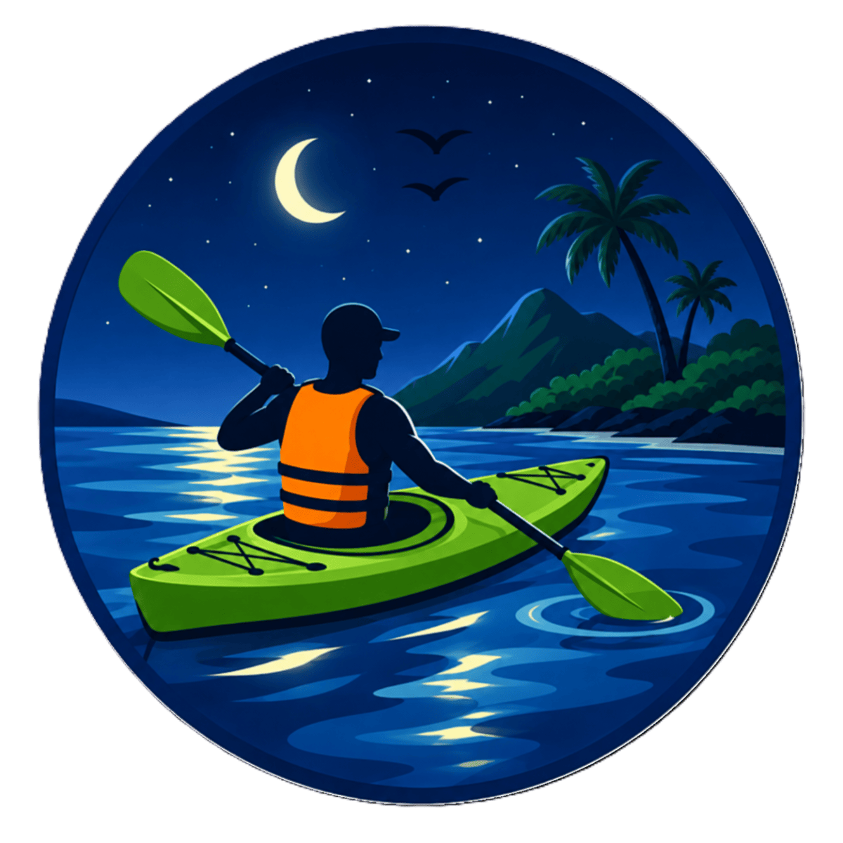 Person kayaking at night on a moonlit lake with mountains and palm trees.