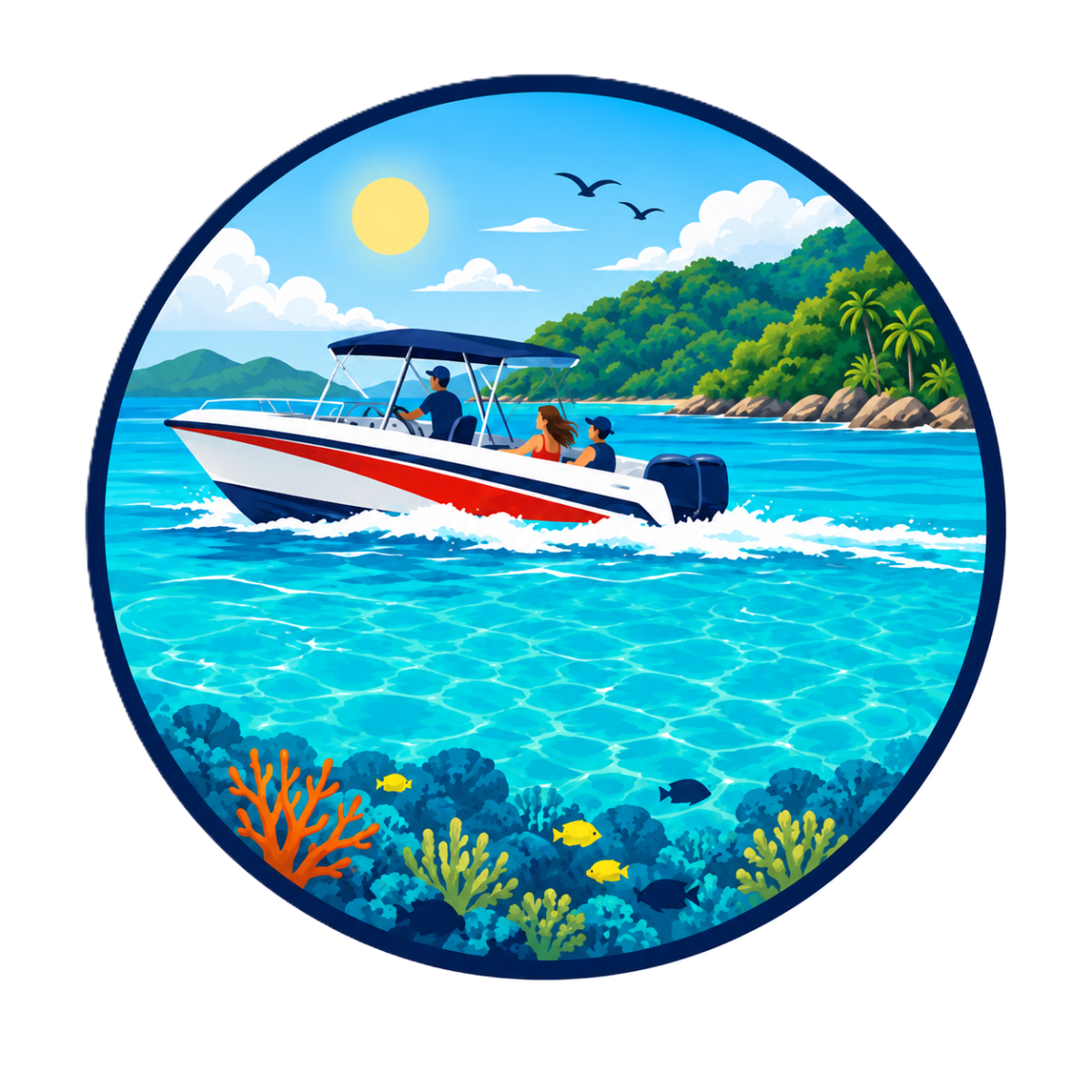 Boat on ocean near tropical island with coral reef and fish.