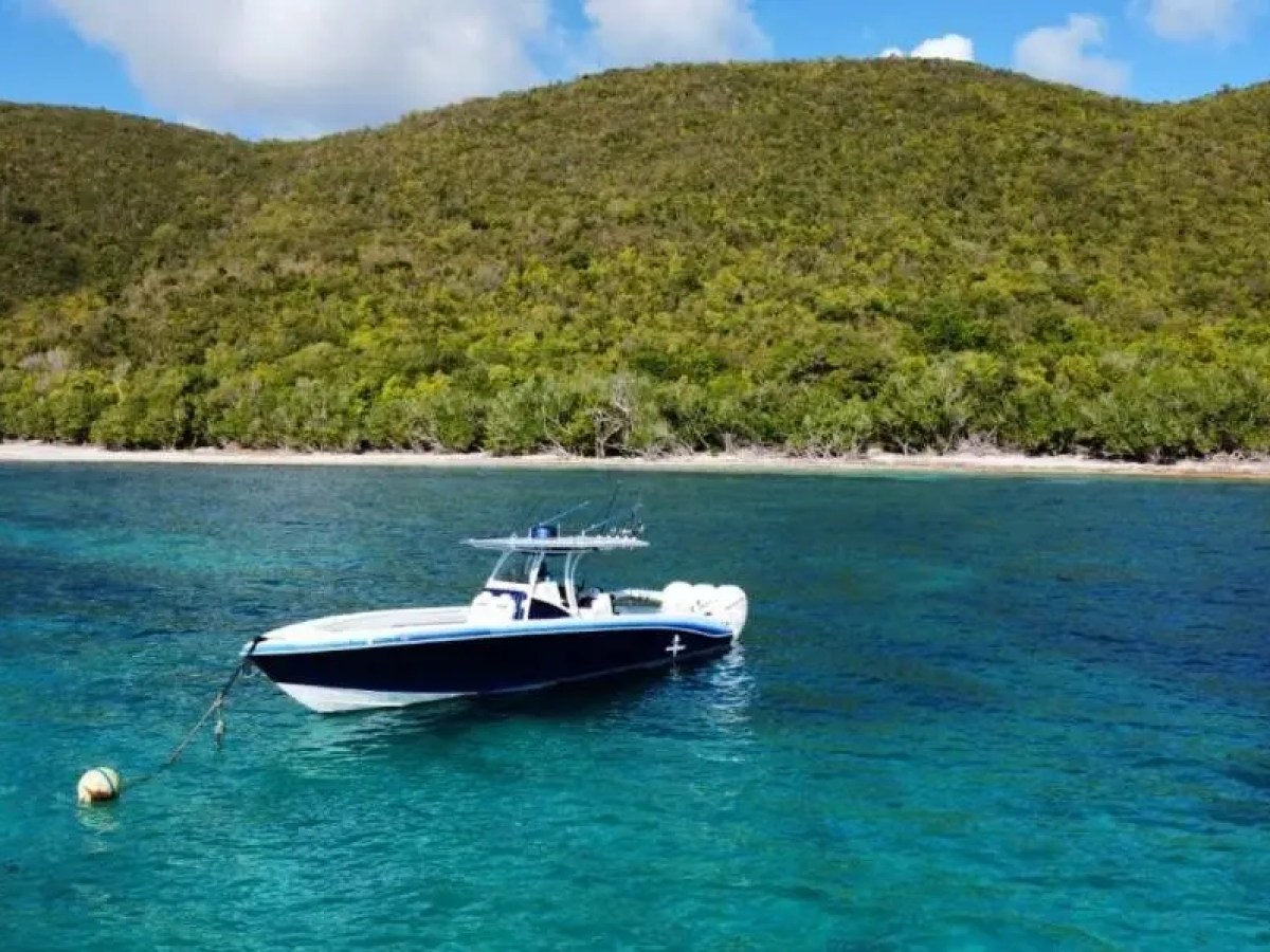 Motorboat anchored in clear blue water near green hillside.