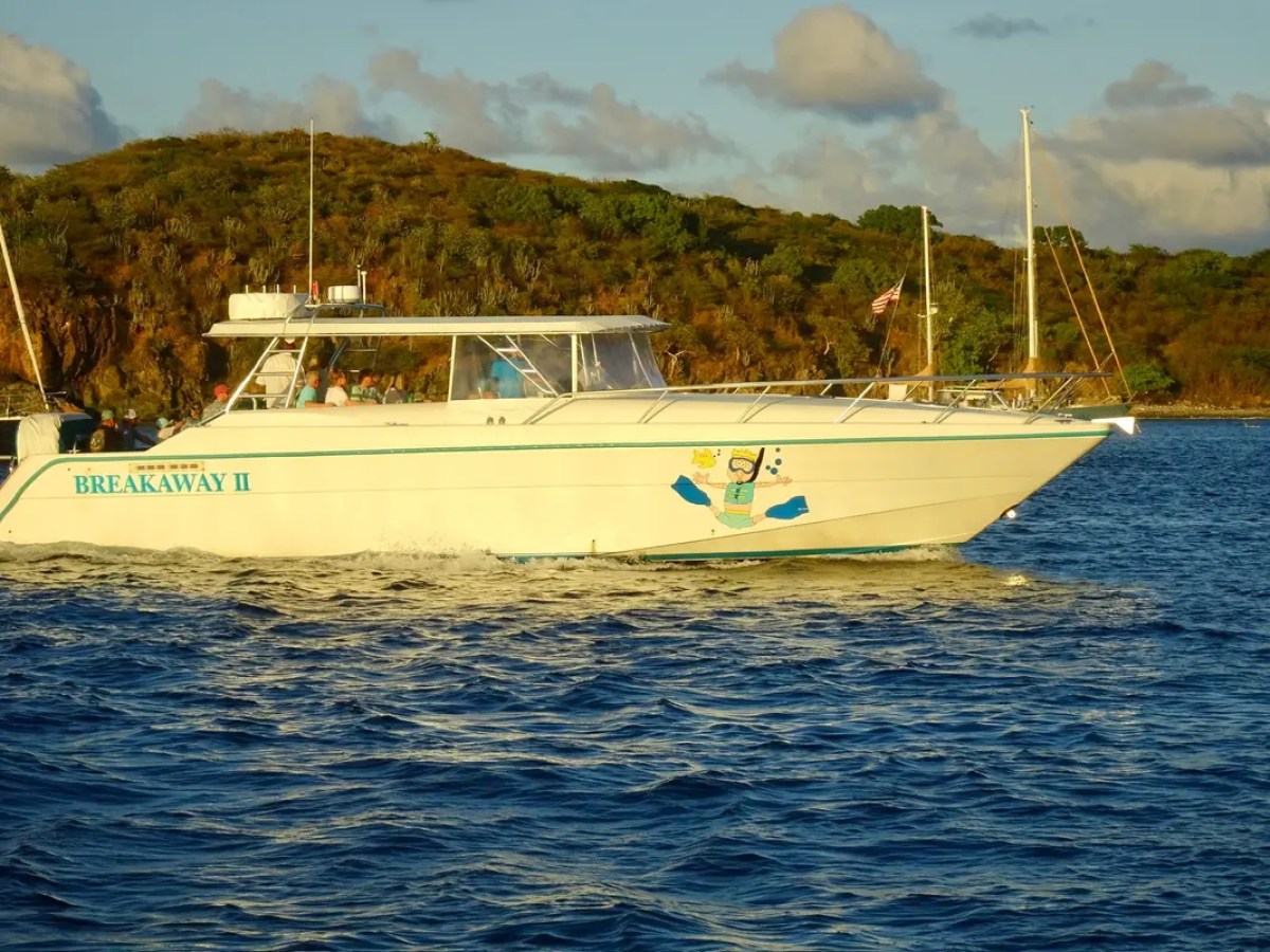 Motorboat named Breakaway II on water near a green hillside.